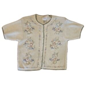 Jenny Cardigan VTG Sweater Ivory Embroidered Pearl Large COTTAGE CORE GRANDMA